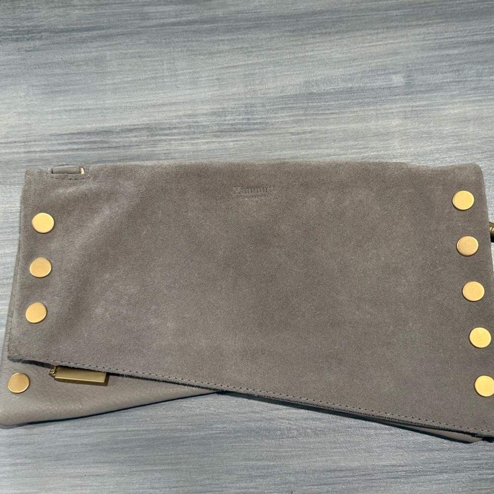 Hammitt Gray Leather Clutch with Gold Details